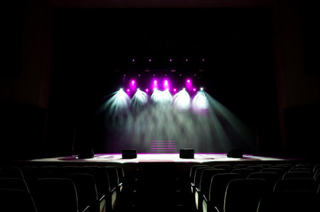 Free stage with lights, lighting devices. Night show.