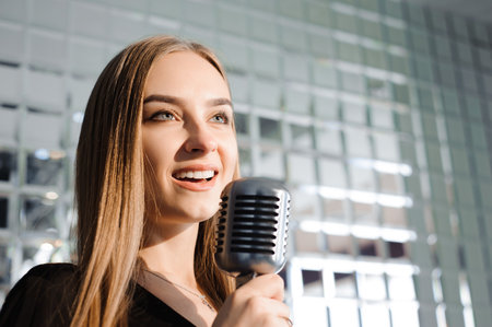 Beautiful Singing Girl. Beauty Woman with Microphone. Glamour Model Singer. Karaoke song.の写真素材