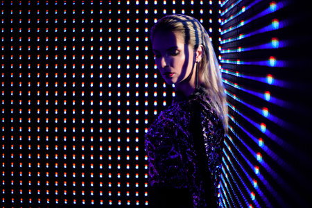 Beautiful blonde woman in trendy apparel enjoying nightlife, gorgeous girl indoors on neon...