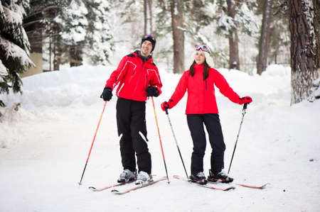 Skiing, snow, winter fun, happy family is skiing in the forest.の写真素材