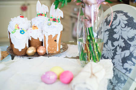 Easter Bunny cake, Easter cake in a basket or in a wooden, grey box, sweet table for the holiday,...