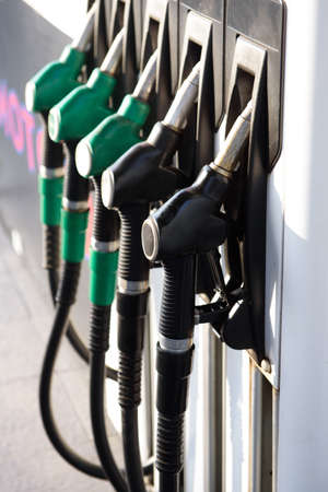 Green and yellow colorful fuel, gas station. Gas station in operation.の写真素材