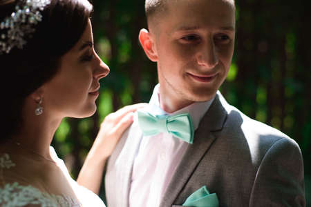 Happy bride and groom at the wedding walk.の写真素材