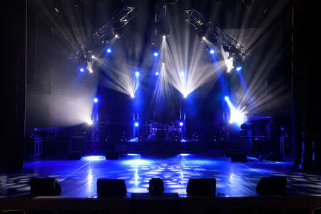 Free stage with lights, lighting devices. on a free srage.の写真素材