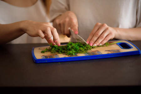Young sisters making vegetable salad at home.の写真素材