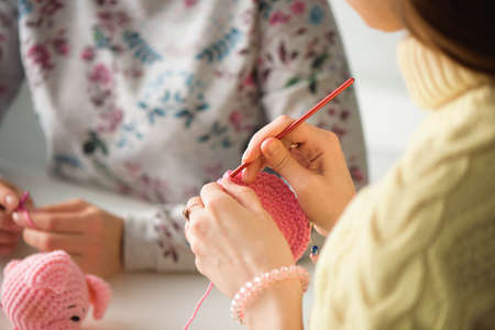 Young attractive girls in a knitting lessonの写真素材