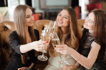 Cheerful girls clinking glasses of champagne at the party.の写真素材