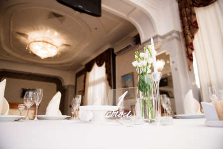 wedding ceremony decoration, beautiful wedding decor, flowers on the tableの写真素材