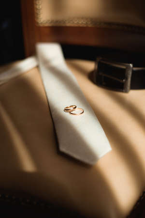 Wedding details. Groom accessories tie and rings on it.の写真素材
