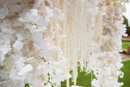 wedding ceremony decoration, beautiful fresh wedding archの写真素材