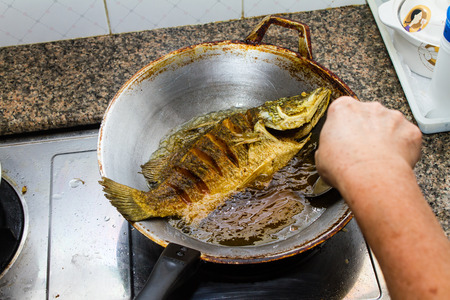 Cooking Deep Fried Barramundi as known as "Pla  Kapong" very popular Thai Cuisineの写真素材