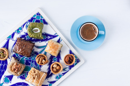 Baklava, Turkish coffee and assorted dessertsの写真素材
