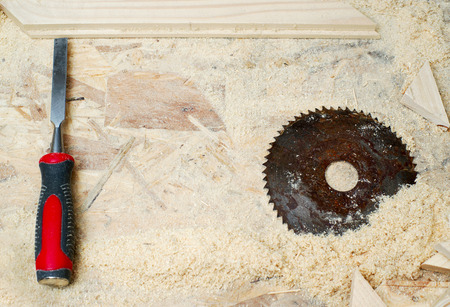 Carpenter tools on wood table background. Copy space.