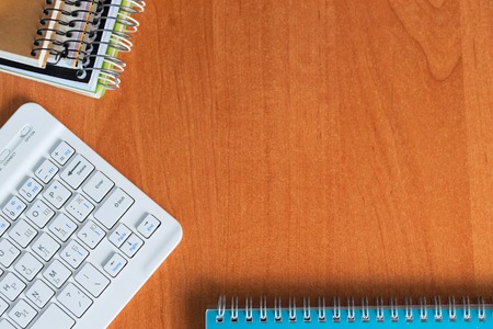 Office desk table with computer, supplies. Copy space for text.の写真素材
