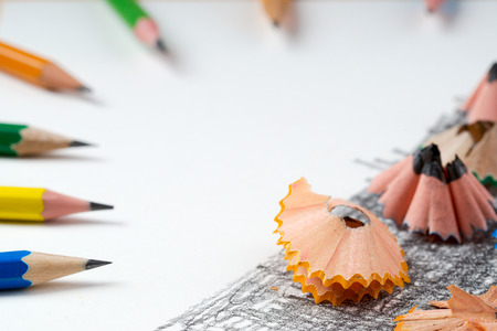 Pencil sharpener shavings on the white paper. Back to schoolの写真素材