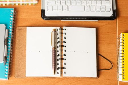 Office desk table with computer, supplies. Copy space for text.の写真素材