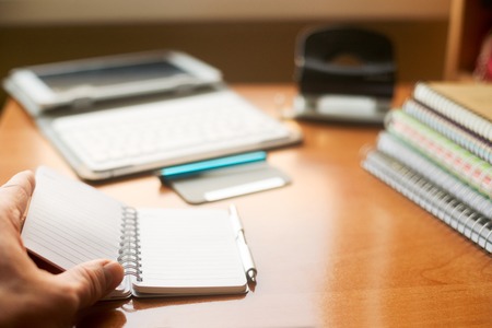 Office desk table with computer, supplies. Copy space for text.の写真素材