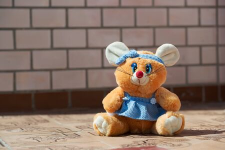 Soft toy of the mouse. Vintage. Copy space for text.の写真素材