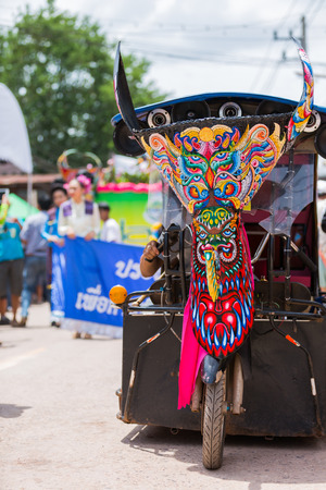 LOEI ,THAILAND-JUNE 28: Ghost Festival "Phi Ta Khon". The mask procession celebrated in Thailand, The Thai Buddhist ceremony at Dansai district Loei province, on June 28,2014.のeditorial素材
