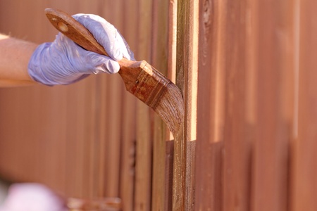 planks fence dyeing with brown paint and brushの写真素材