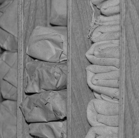 white sterile medical dressings in the old war cabinet bw colorの写真素材