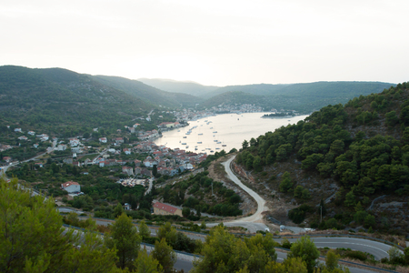 aerial view to the Vis town in Croatiaの写真素材