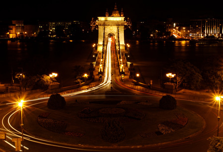 Night image with traffic of the hungarian chain Bridge extremly high donauの写真素材