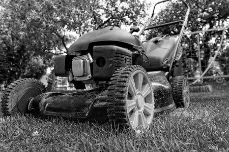Black lawnmower in the garden lawn the grass with fuel engine in bwの写真素材