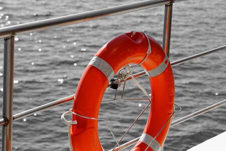 Close up photo of a lifebelt on the shipの写真素材