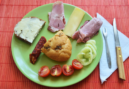 Breakfast with meat, sausage, cheese, vegetables and bread snacksの写真素材