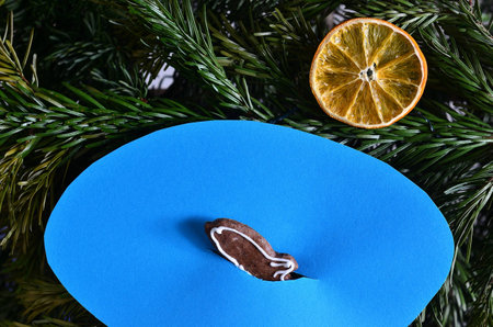 Little fish made of gingerbread in the blue pond and sun made of orange on the green branch.の写真素材