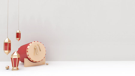 Realistic ramadan background with empty side, islamic drum, lantern for mockup, display product, bannerの写真素材