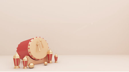 Realistic ramadan background with empty side, islamic drum, lantern for mockup, display product,...