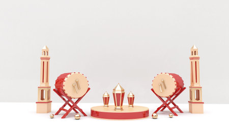 Realistic ramadan background with empty side, islamic drum, lantern for mockup, display product,...