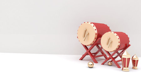 Realistic ramadan background with empty side, islamic drum, lantern for mockup, display product, bannerの写真素材