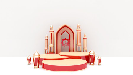 ramadan sale background 3d render, with podium, lantern for greeting, banner, posterの写真素材