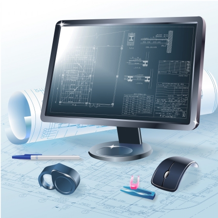 Architectural background with a monitor, office tools and rolls of drawings のイラスト素材