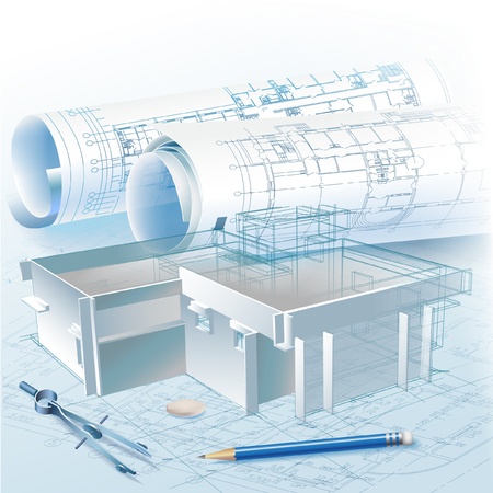 Architectural background with a 3D building model  のイラスト素材