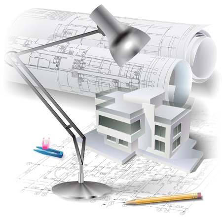 Architectural background with a 3D building model のイラスト素材