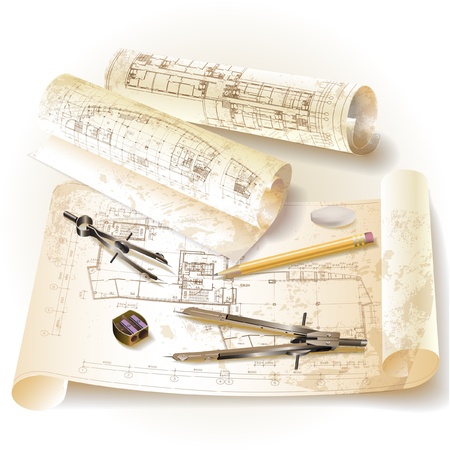 Grunge architectural background with drawing tools and rolls of drawings   clip-artのイラスト素材