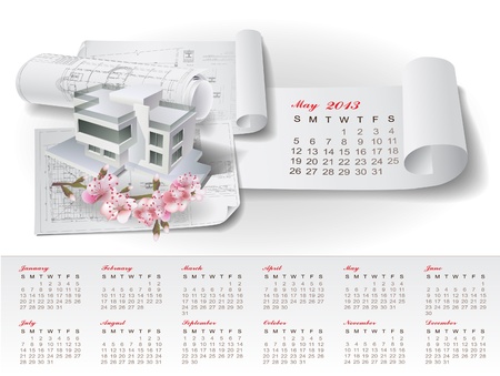 Calendar for 2013 year with colorful architectural design elementsのイラスト素材