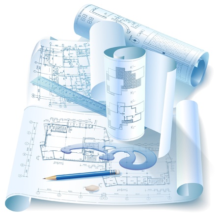Architectural background with office tools and rolls of drawingsのイラスト素材