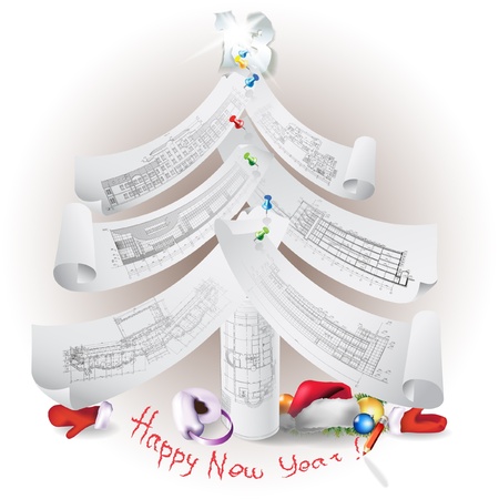 Cute Christmas tree in architectural style made of drawingsのイラスト素材