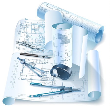 Architectural background with drawing tools and rolls of drawingsのイラスト素材