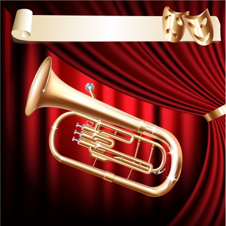 Musical background series - Classical baritone horn - Euphonium tuba - on a red velvet curtain backgroundのイラスト素材