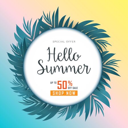 Summer sale background layout banners decorate with paper art tropical leaf.voucher discount.Vector illustration template.のイラスト素材