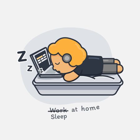 Work at home concept design. Freelance man working on laptop at him bed turned out that he was asleep. Vector illustration isolated on white background. Online study, education.のイラスト素材
