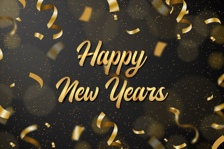 Happy New Year lettering with gold confetti. Vector illustration.