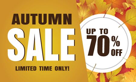 Autumn sale banner design with discount label in colorful autumn leaves.のイラスト素材