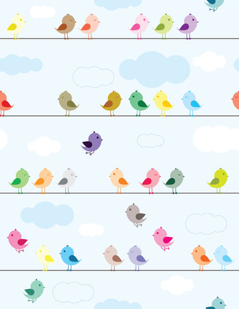 Colorful birds sitting on wires seamless pattern for kidsのイラスト素材